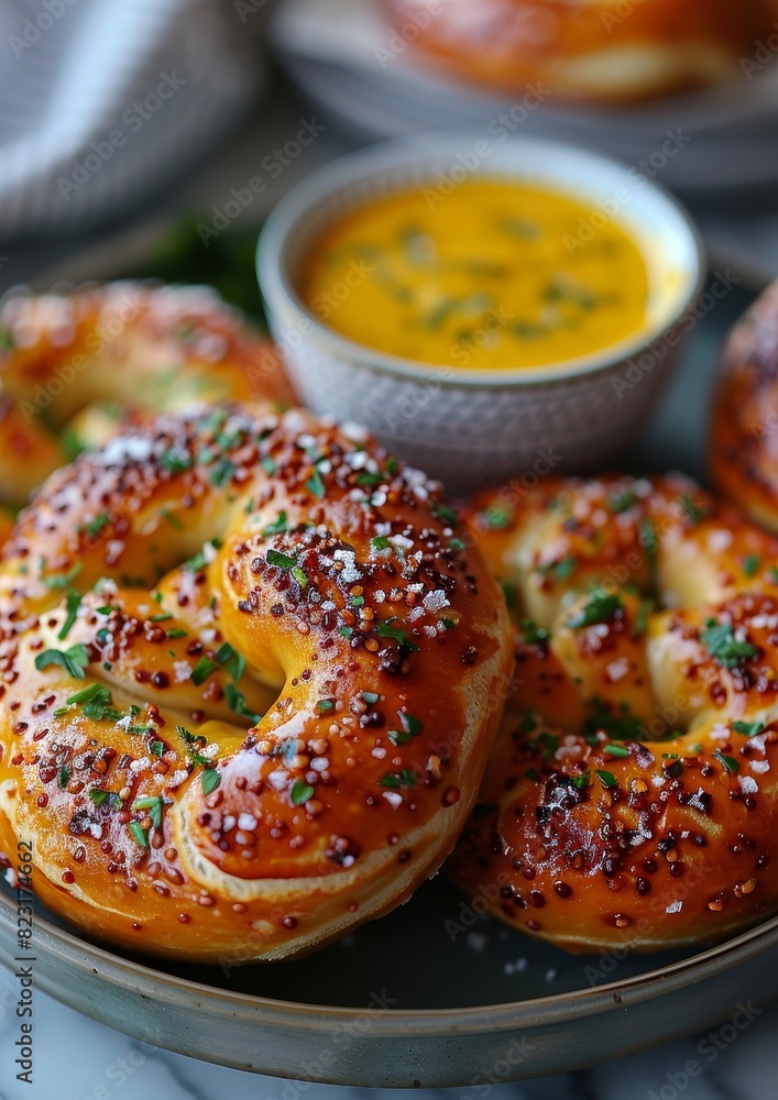 Pretzel - Soft, golden-brown pretzel with coarse salt, served with mustard dip. Pretzel - Soft, golden-brown pretzel with coarse salt, served with mustard dip.