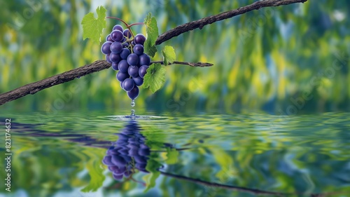 Blaue und lila Weintrauben mit Reben hängen über den Wasser in der Natur photo