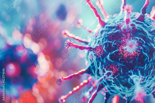 Macro image of colorful virus cell, blurred background
