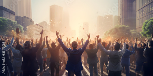 A group of people raising their hands in the air as they gaze at the setting sun,Sunset Spectacle: Community Gathers to Witness the Setting Sun with Raised Hands
