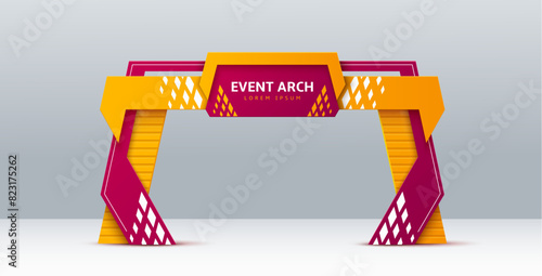 event arch, realistic 3d vector exhibition entrance or entry, modern and stylish arc gate design in bright yellow and purple with geometric shapes. Colorful gateway frame for festive events or promo