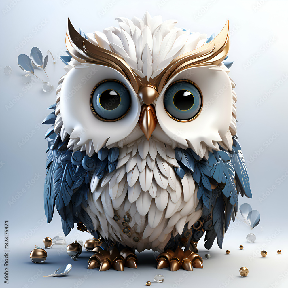 Fototapeta premium Owl with blue eyes. 3D illustration. 3D rendering.