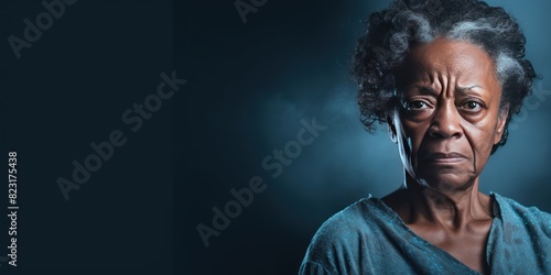 Azure background sad black american independant powerful Woman realistic person portrait of older mid aged person beautiful bad mood expression Isolated  photo