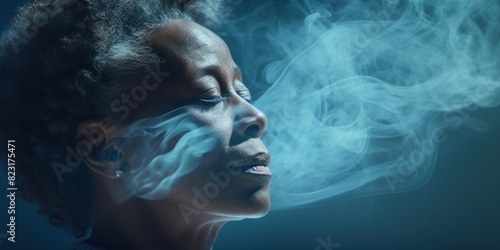 Azure background sad black american independant powerful Woman realistic person portrait of older mid aged person beautiful bad mood expression Isolated 