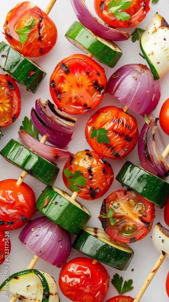 Close-up of veggie skewers with zucchini, red onion, and cherry tomatoes Close-up of veggie skewers with zucchini, red onion, and cherry tomatoes