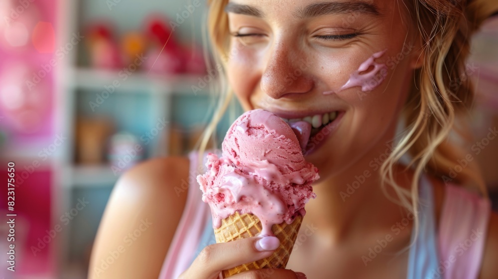 Carefree Woman Enjoying Ice Cream Cone with Tongue Out in Studio Setup