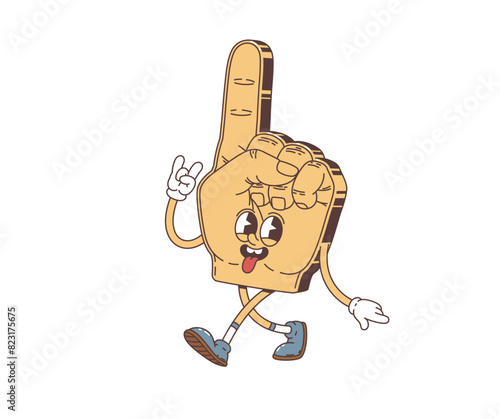 Groovy retro cartoon fan hand glove character with finger and funky face, vector hippie art. Groovy funny football or soccer sport fan glove with happy face and silly tongue out for quirky retro emoji