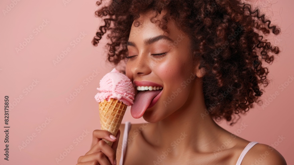 Joyful Woman Indulging in Delicious Ice Cream Cone with Playful Abandon in Studio Setting Joyful Woman Indulging in Delicious Ice Cream Cone with Playful Abandon in Studio Setting