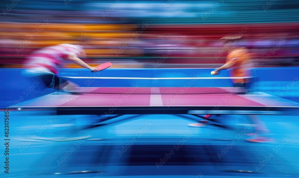 Table tennis players at a match. An abstract dynamic photography with motion blur