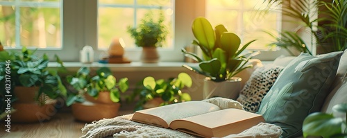 Cozy Reading Nook in a Comfortable Home Surrounded by Lush Greenery for Peaceful Relaxation and Wellness Lifestyle photo