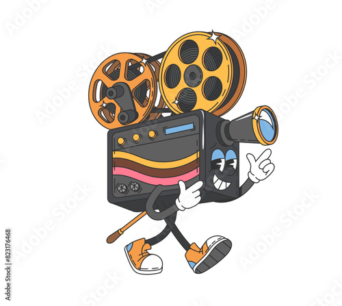 Groovy movie camera character. Isolated cartoon vector playful anthropomorphic vintage movie camera personage with reels and smiling face, carefree walking with sneakers on legs, creating funky vibes