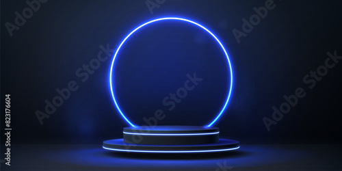 Podium stage with neon glow frame. 3d vector background with realistic circular pedestal illuminated with blue light border. Empty glowing scene for product presentation, fashion show performance