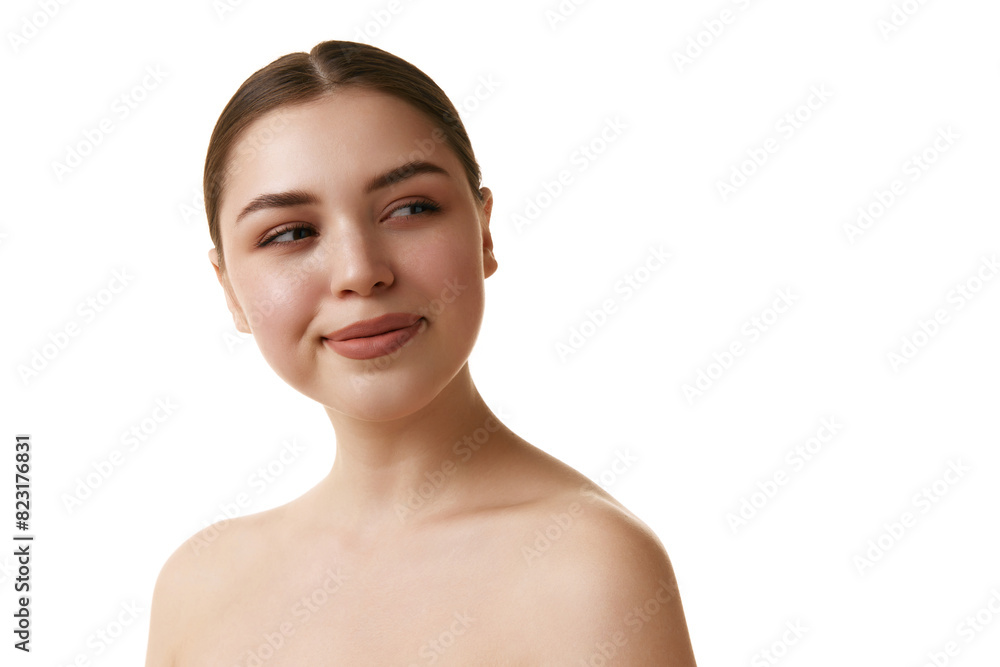 Portrait of young, attractive girl with bare shoulders looking away and smile against white studio background. Facial care. Concept of natural beauty, antiaging treatment, wellness, youth. Ad