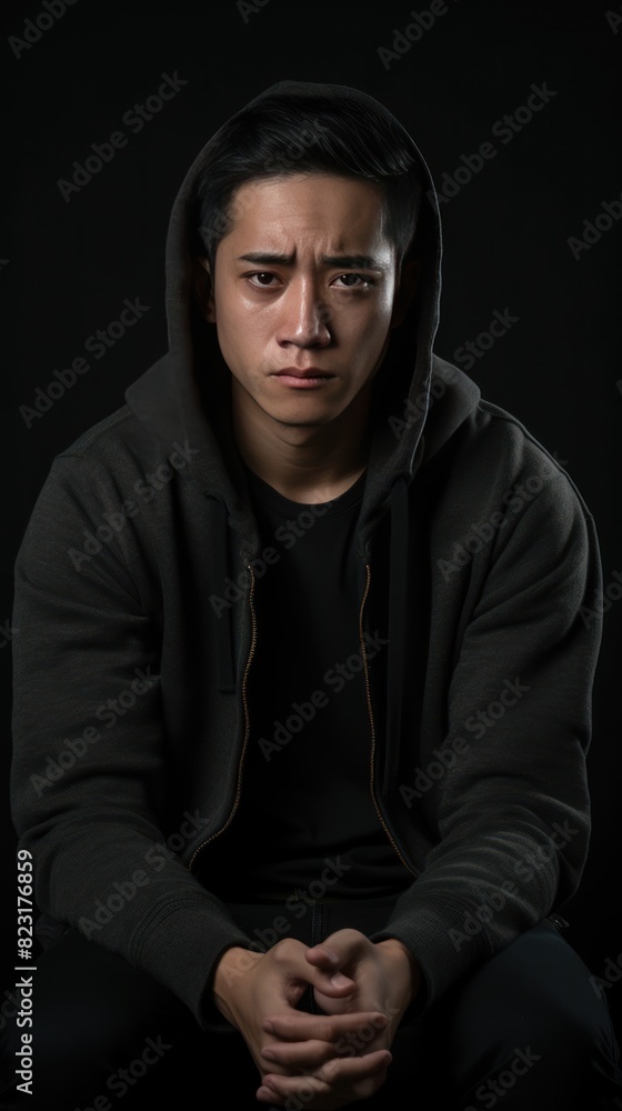 Black background sad asian man realistic person portrait of young teenage beautiful bad mood expression boy Isolated on Background depression anxiety fear burn out health