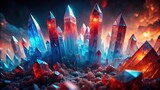 Vibrant image featuring sharp crystalline structures blending warm crimson and cool azure tones