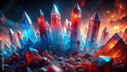 Vibrant image featuring sharp crystalline structures blending warm crimson and cool azure tones photo