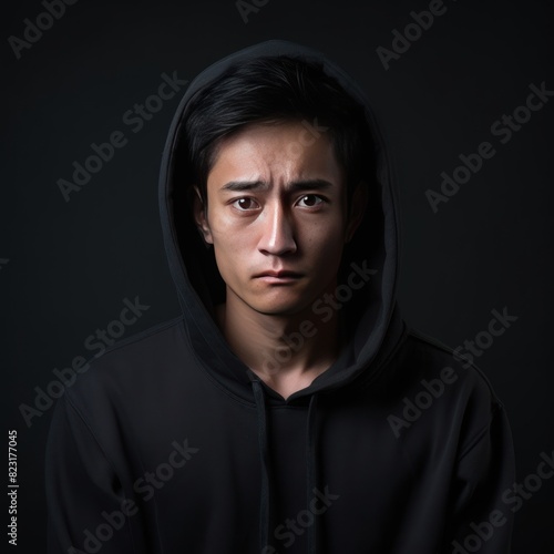 Black background sad asian man realistic person portrait of young teenage beautiful bad mood expression boy Isolated on Background depression anxiety fear burn out health
