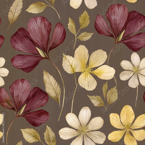 Floral seamless pattern with pressed flowers and leaves burgundy and delicate yellow colors. Watercolor print in vintage herbarium style  illustration for textile  wallpaper or wrapping paper