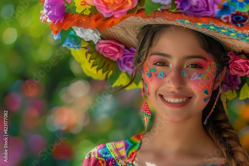 A beautiful Mexican woman with delicate features, wearing colorful traditional and a floral hat made of vibrant flowers 
