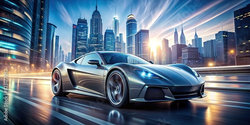 Sleek and modern sports car zooming through a luminous cityscape