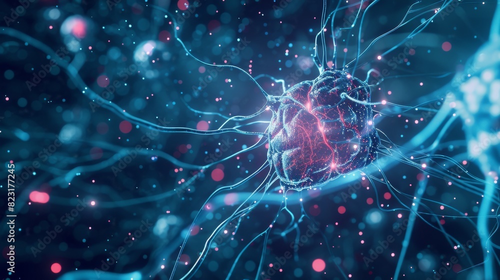 Digital artwork showcasing a detailed neuronal network with a glowing central neuron, highlighted in a deep blue background with red accents. Digital artwork showcasing a detailed neuronal network with a glowing central neuron, highlighted in a deep blue background with red accents.