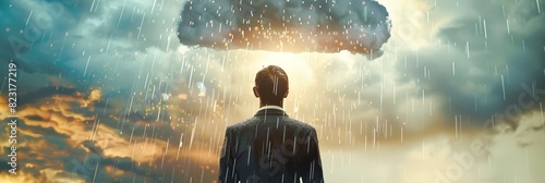 Businessman, standing under rain, pessimistic man under cloud, sad business man, unlucky, misfortune photo