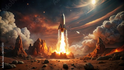 Dramatic image of a rocket lifting off with flames and smoke on a mission to the red planet Mars photo