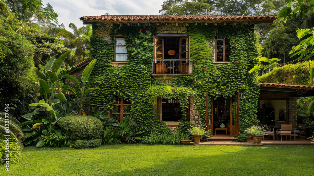A house covered in lush greenery blends seamlessly into the vibrant backdrop.