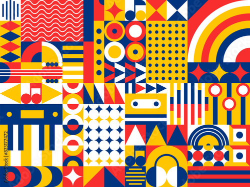 Abstract modern geometric music pattern with colorful shapes and musical elements, headphones, cassette tapes, notes, piano keyboard. Vector background, wallpaper, ornament or print in 80s retro style