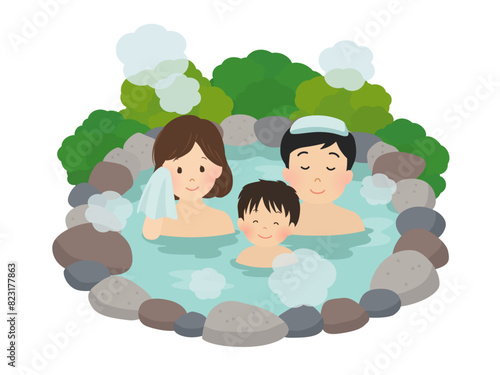 温泉に入る家族のベクターイラスト