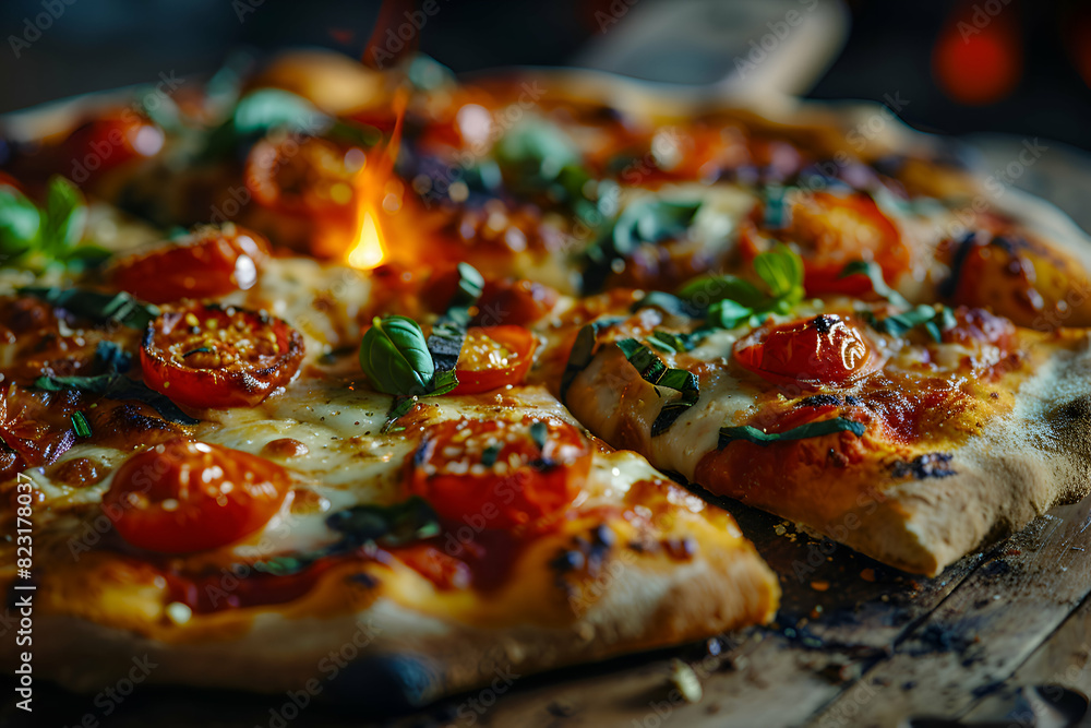 Pizza with mozzarella. tomatoes and basil on wooden table Pizza with mozzarella. tomatoes and basil on wooden table