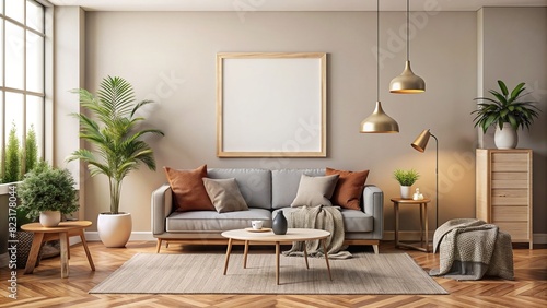 A cozy and inviting interior mockup featuring a frame on a living room wall, with a warm and homely atmosphere © wasan