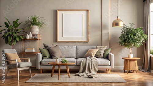 A cozy and inviting interior mockup featuring a frame on a living room wall, with a warm and homely atmosphere