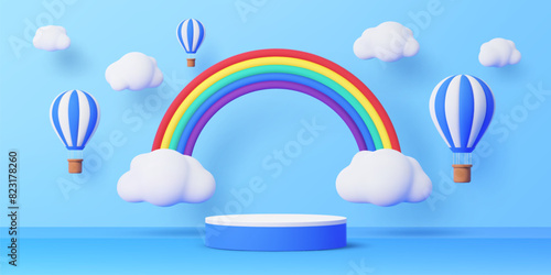Kids podium with hot air balloons, sky clouds and rainbow. 3d vector summertime background in cute childish toy style with round stage or pedestal under blue cloudy sky with floating air balloons