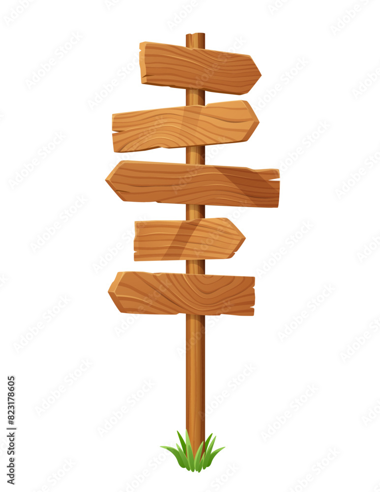 Signpost with wooden direction arrow signs. Isolated vector road fork, signage, pointer with blank wood planks on pole. Signpost pointing directions and ways, with a tuft of green grass at the base Signpost with wooden direction arrow signs. Isolated vector road fork, signage, pointer with blank wood planks on pole. Signpost pointing directions and ways, with a tuft of green grass at the base