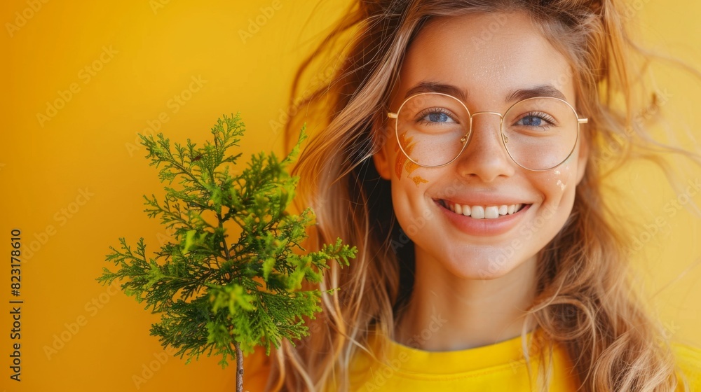Joyful 23-Year-Old Central European Woman Painting Tree Shape with Warm Smile in Realistic Advertising Photo on Yellow Background Joyful 23-Year-Old Central European Woman Painting Tree Shape with Warm Smile in Realistic Advertising Photo on Yellow Background