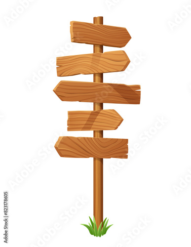 Signpost with wooden direction arrow signs. Isolated vector road fork  signage  pointer with blank wood planks on pole. Signpost pointing directions and ways  with a tuft of green grass at the base