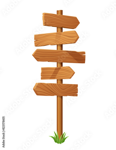 Signpost with wooden direction arrow signs. Isolated vector road fork, signage, pointer with blank wood planks on pole. Signpost pointing directions and ways, with a tuft of green grass at the base