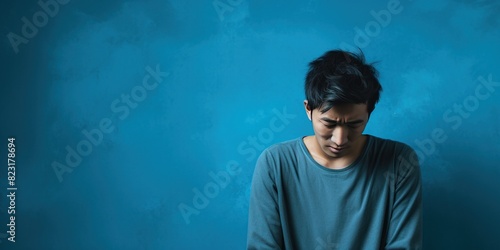 Blue background sad asian man realistic person portrait of young teenage beautiful bad mood expression boy Isolated on Background depression anxiety fear 