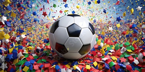 Soccer ball surrounded by confetti celebrating a European Championship win