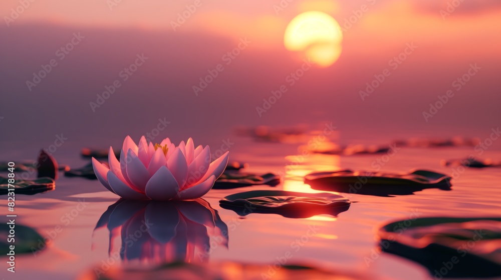 A beautiful pink flower is floating on the surface of a calm lake at sunset generated by AI A beautiful pink flower is floating on the surface of a calm lake at sunset generated by AI