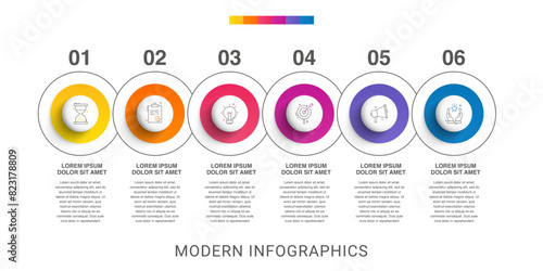 Modern infographics vector template. Cyclic infographic with six circles. Timeline design template with 6 options, steps, and parts. Flat illustration for business.
