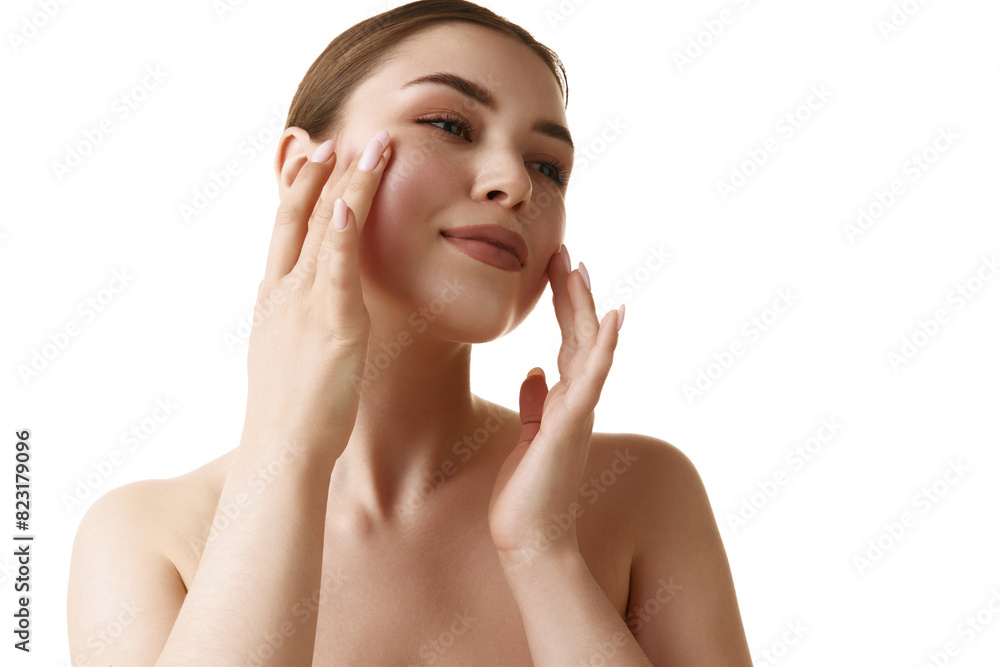 Young beautiful brunette girl touching and enjoy her moisturized facial skin after treatments against white studio background. Concept of natural beauty, organic cosmetic, antiaging procedures. Ad Young beautiful brunette girl touching and enjoy her moisturized facial skin after treatments against white studio background. Concept of natural beauty, organic cosmetic, antiaging procedures. Ad