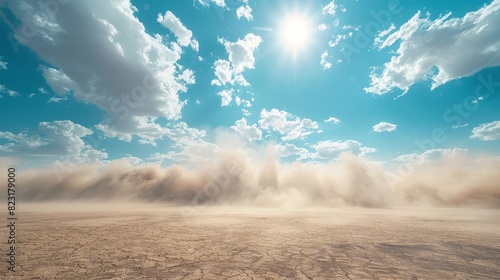 AI-generated photo of a beautiful landscape with a blue sky and white clouds. The foreground is a desert with a sandstorm in the distance. photo