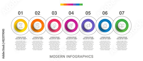 Modern infographics vector template. Cyclic infographic with seven circles. Timeline design template with 7 options, steps, and parts. Flat illustration for business.