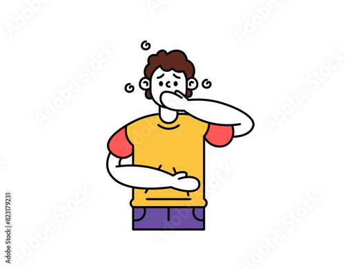 illustration of a man covering his mouth because he wants to vomit. headache, stomach ache, and feeling like vomiting. health problems. outline style character illustration design. graphic elements