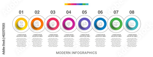 Modern infographics vector template. Cyclic infographic with 8 circles. Timeline design template with eight options, steps, and parts. Flat illustration for business.