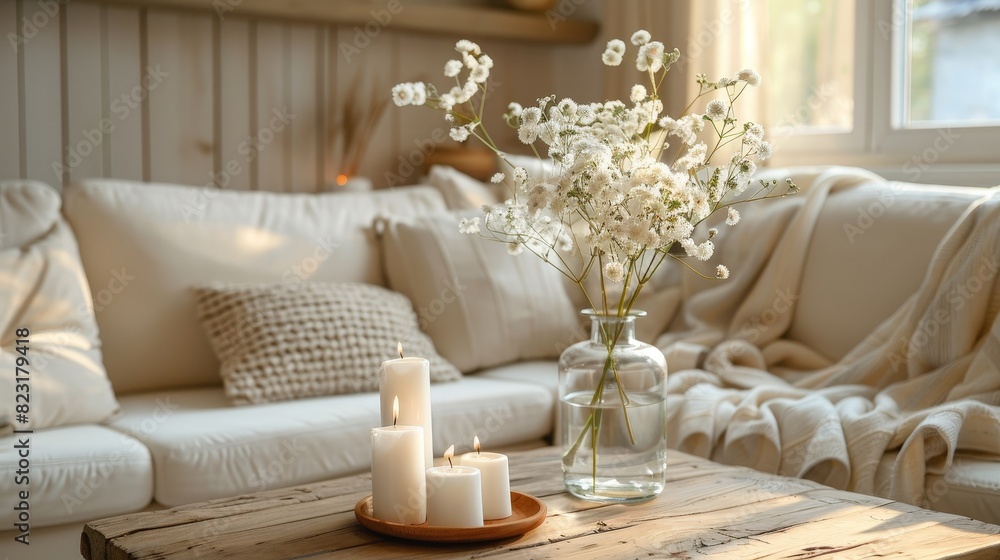 The photo shows a cozy living room with a couch, a coffee table, and a vase of flowers
