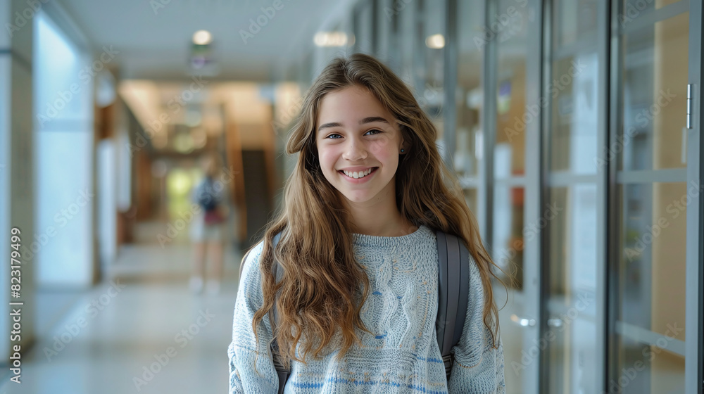 Young smiling schoolgirl with a school bag in the school corridor Young smiling schoolgirl with a school bag in the school corridor