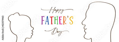 Father and daughter digital illustration. Happy Father's Day cute congrats with face silhouette and colorful elements. Postcard design. Family party invitation template. Social media timeline post.